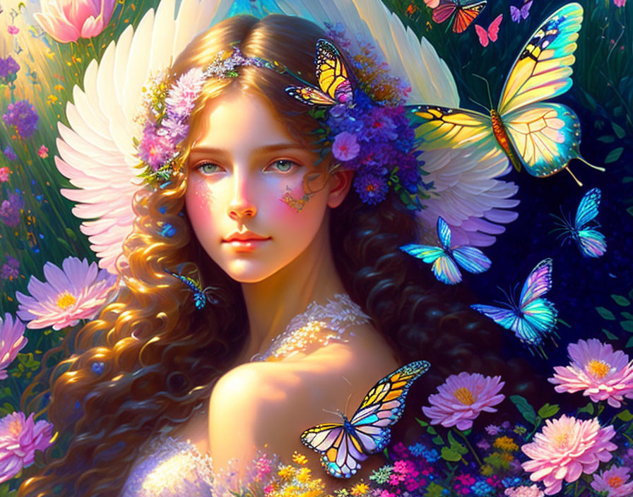 Colorful Butterfly and Flower Portrait of Young Woman