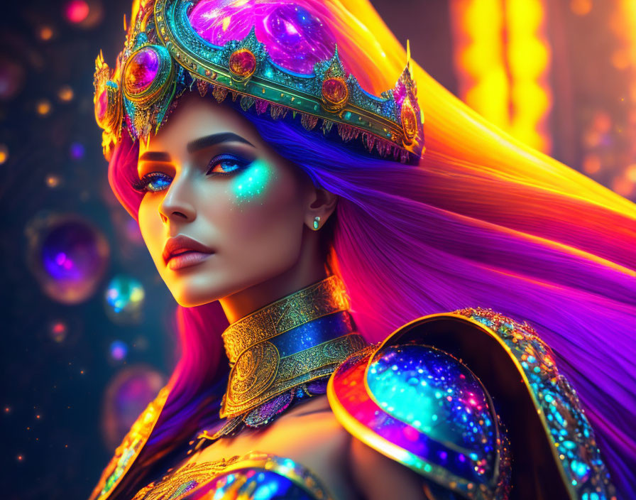 Colorful-haired woman in ornate crown with luminous makeup in fiery setting