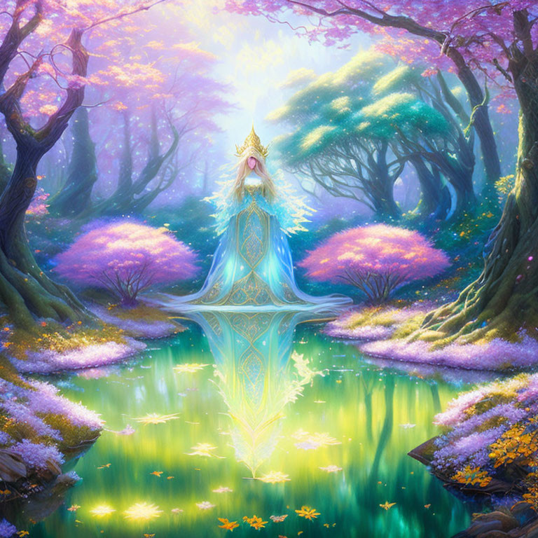 Regal figure in blue gown by serene lake in magical forest