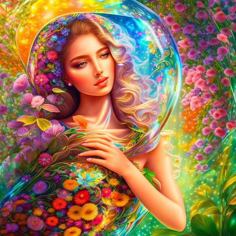 Colorful digital artwork: Woman with floral hair in glowing bubble surrounded by flowers