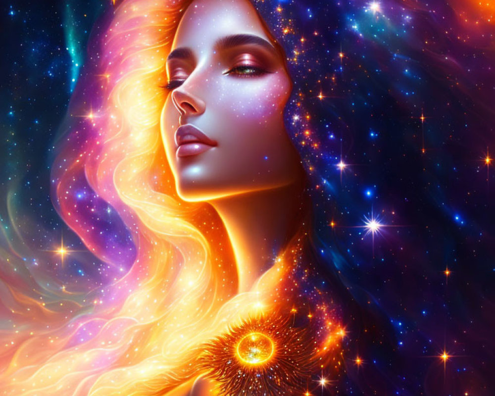 Artistic representation of woman adorned with cosmic elements