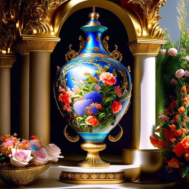 Blue vase with floral designs, golden columns, and colorful flowers on dark background