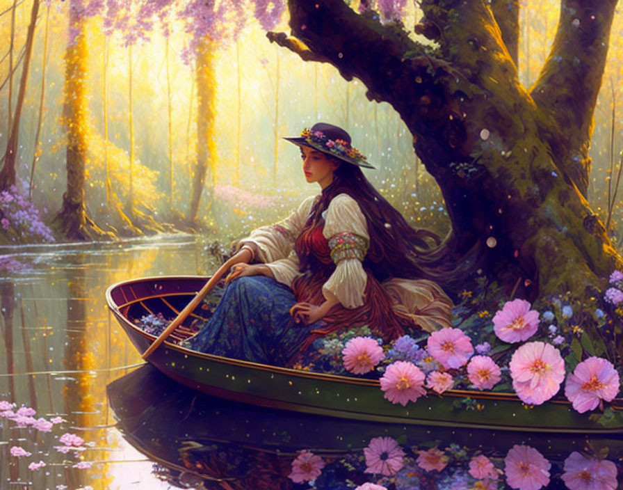 Vintage-dressed woman in rowboat under golden trees canopy