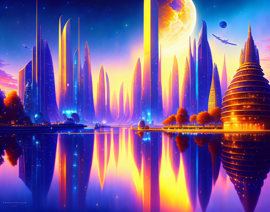 Futuristic cityscape with skyscrapers, water body, and large planet at sunset