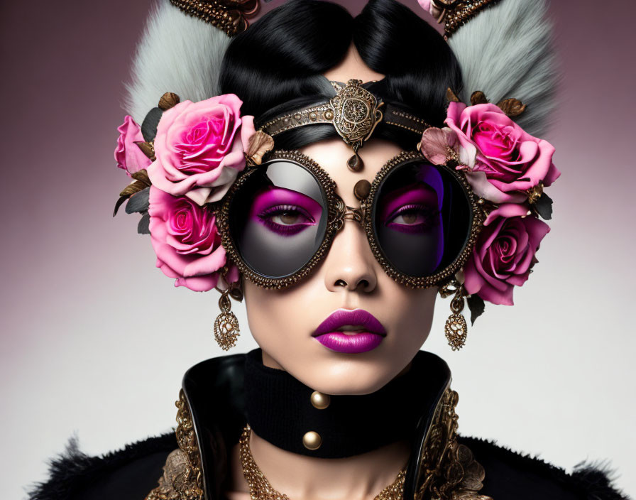 Woman with Purple Makeup and Ornate Mask, Headdress, and Vintage Jewelry on Pink Background