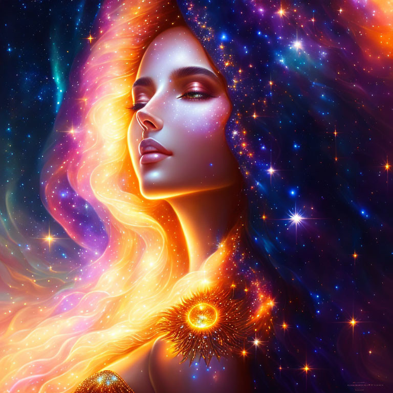 Artistic representation of woman adorned with cosmic elements