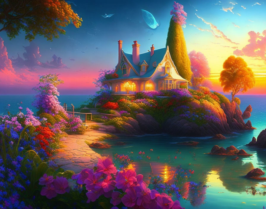 Charming fairy-tale cottage on flower-covered islet at sunset