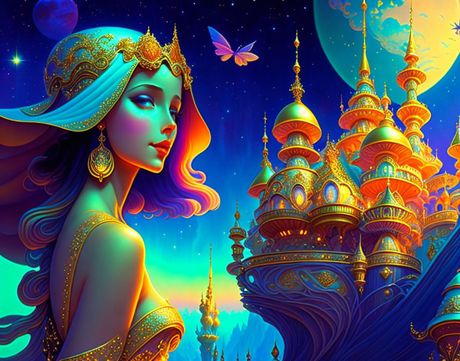 Fantasy cityscape with stylized female figure and butterfly in vibrant blues and golds