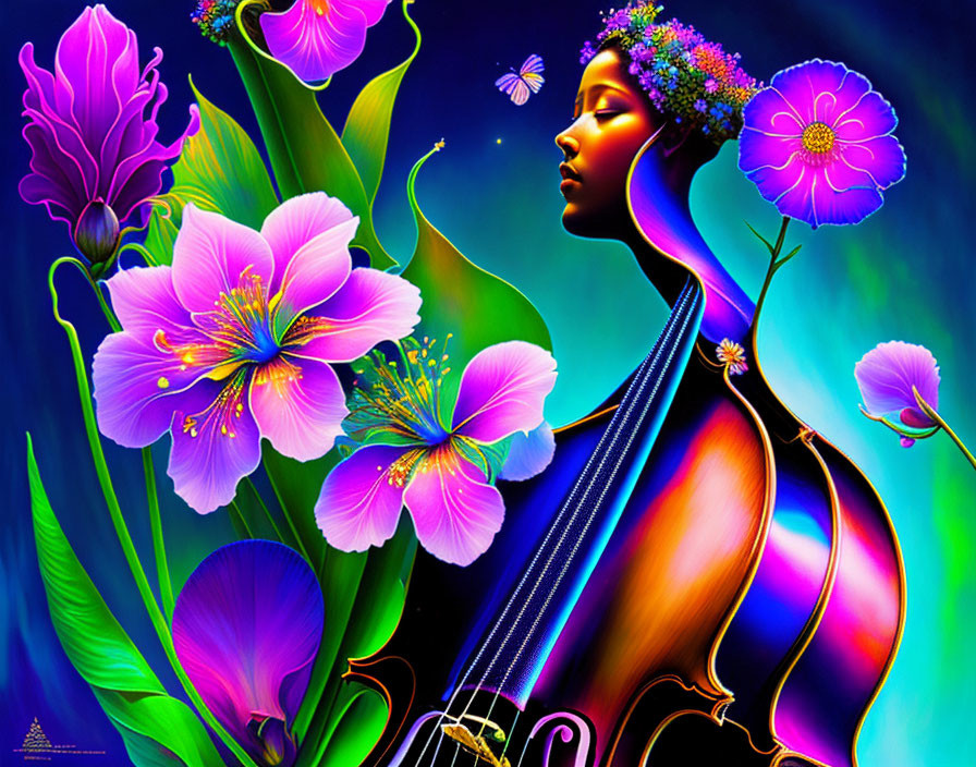 Colorful illustration blending woman's silhouette, florals, violin, neon hues, and butterfly