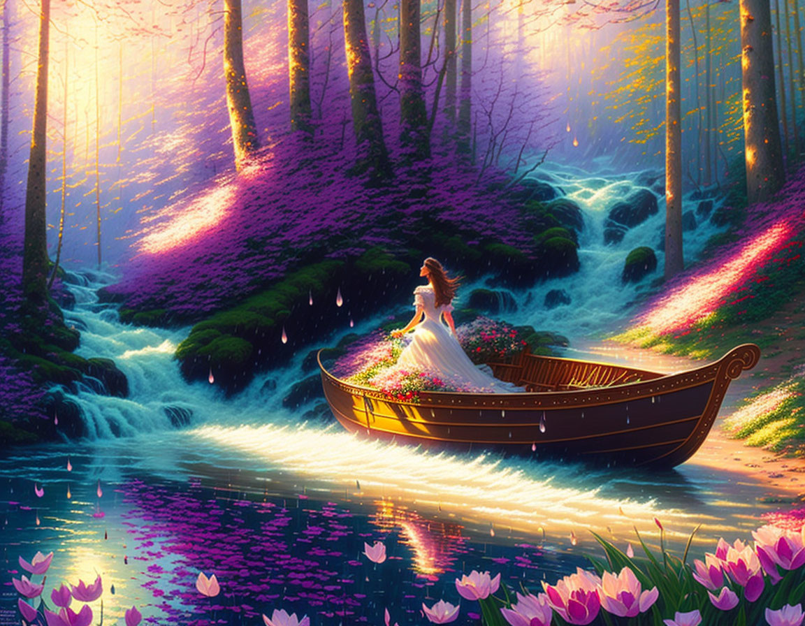 Woman in white dress in boat surrounded by vibrant, fantastical forest with glowing river.