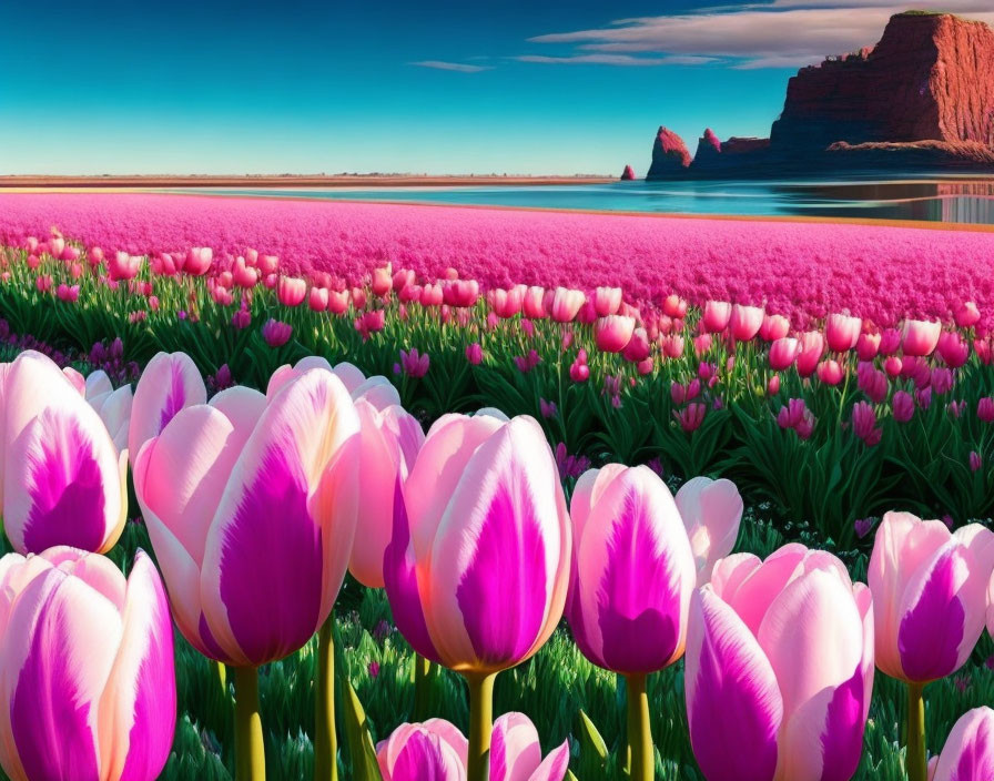 Pink and White Tulip Field by Calm Lake and Red Rocks