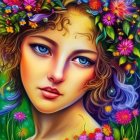 Colorful digital artwork: Woman's face with floral elements and blue eyes