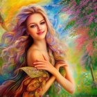 Colorful digital artwork: Woman with floral hair in glowing bubble surrounded by flowers