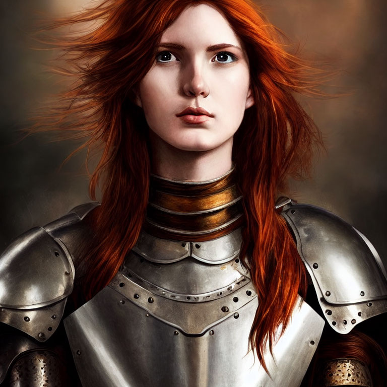 Medieval steel armor portrait of a woman with red hair