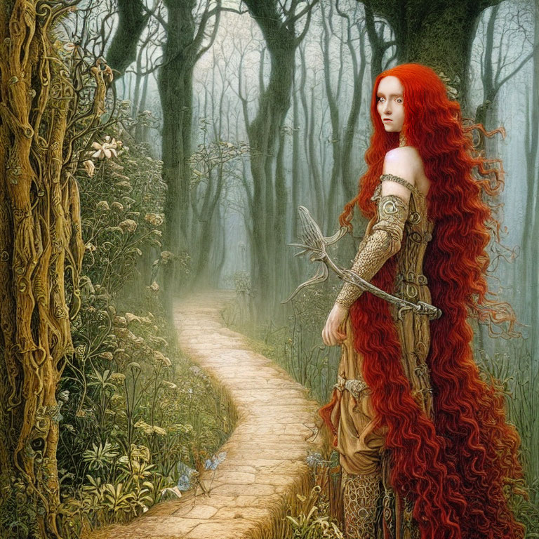 Red-haired woman in medieval armor with sword in misty forest path