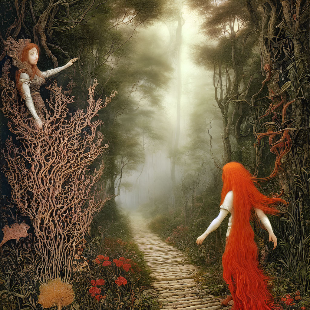 Enchanting forest with cobblestone path, two women - one with red hair, other tree