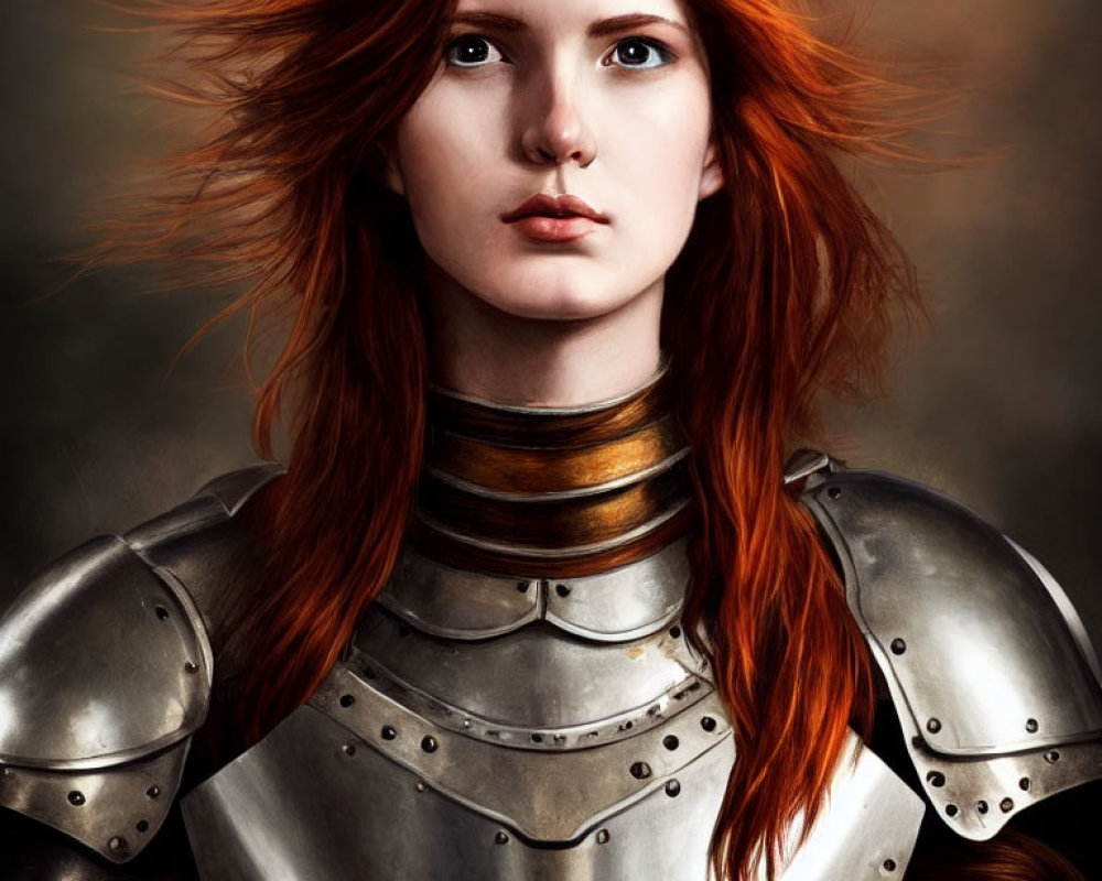 Medieval steel armor portrait of a woman with red hair