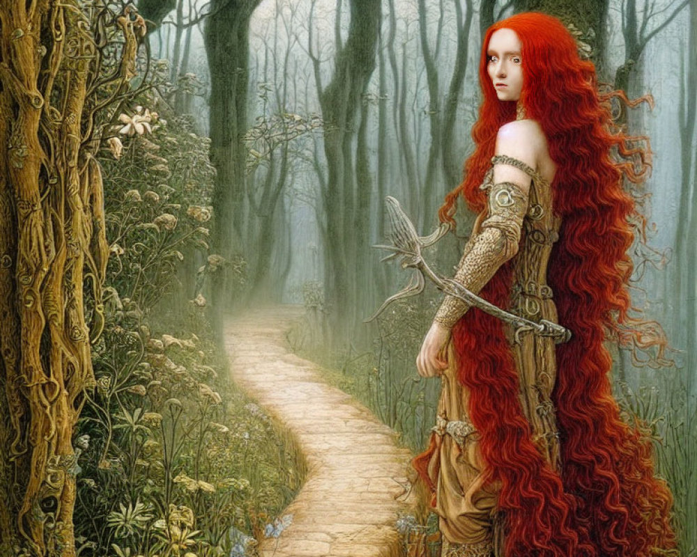 Red-haired woman in medieval armor with sword in misty forest path