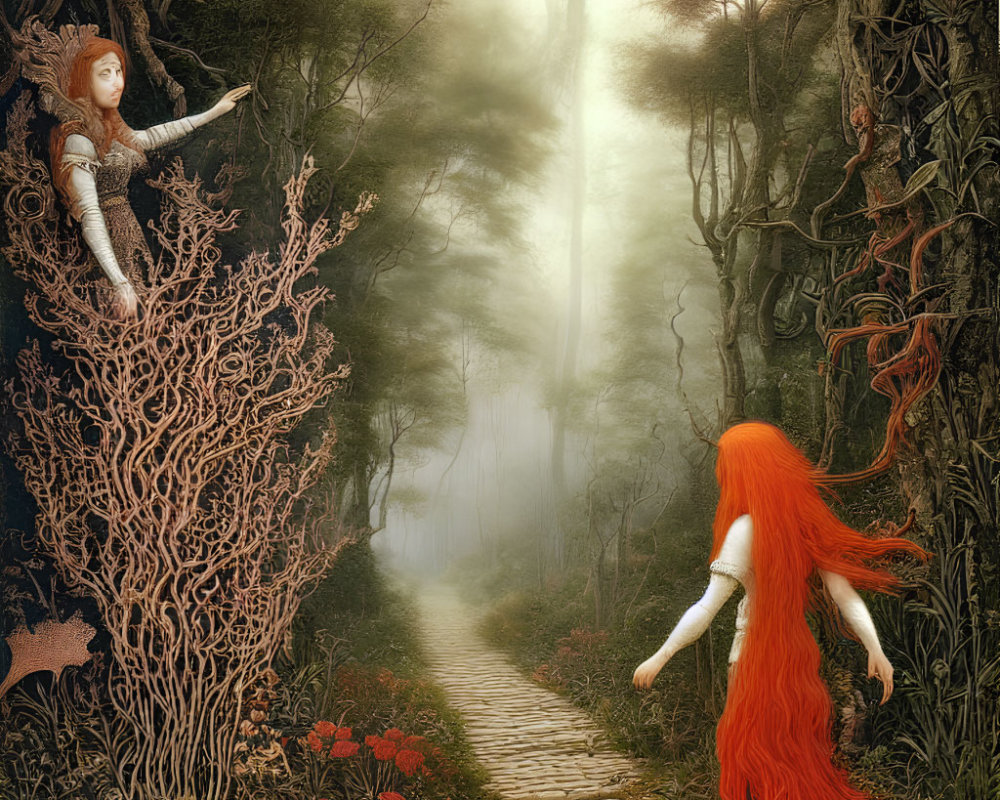 Enchanting forest with cobblestone path, two women - one with red hair, other tree