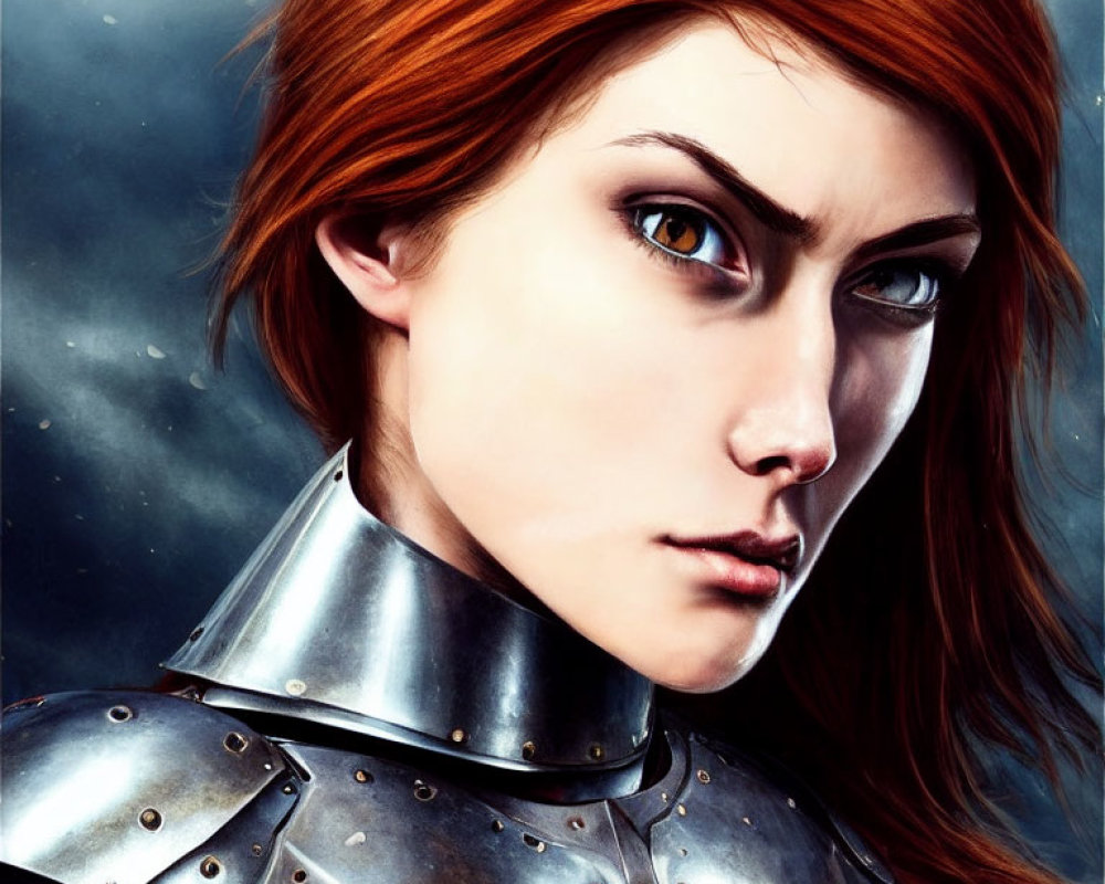 Red-haired woman in medieval armor against blue background