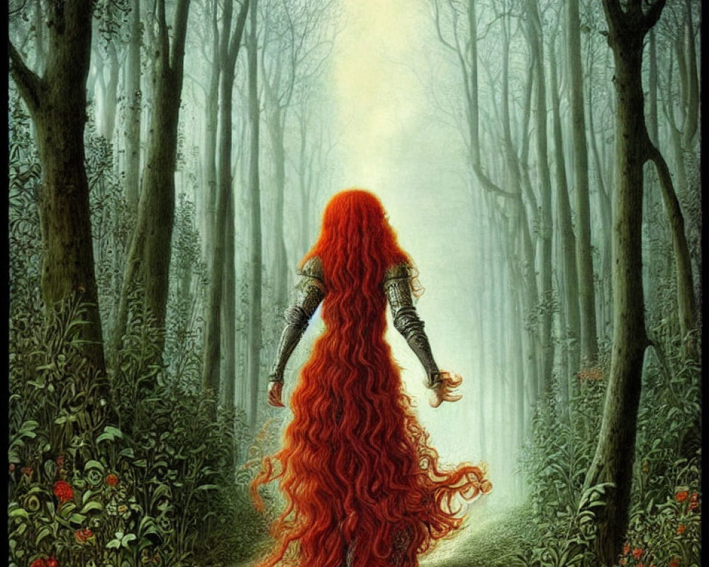 Vivid red-haired woman in mystical forest with glowing light