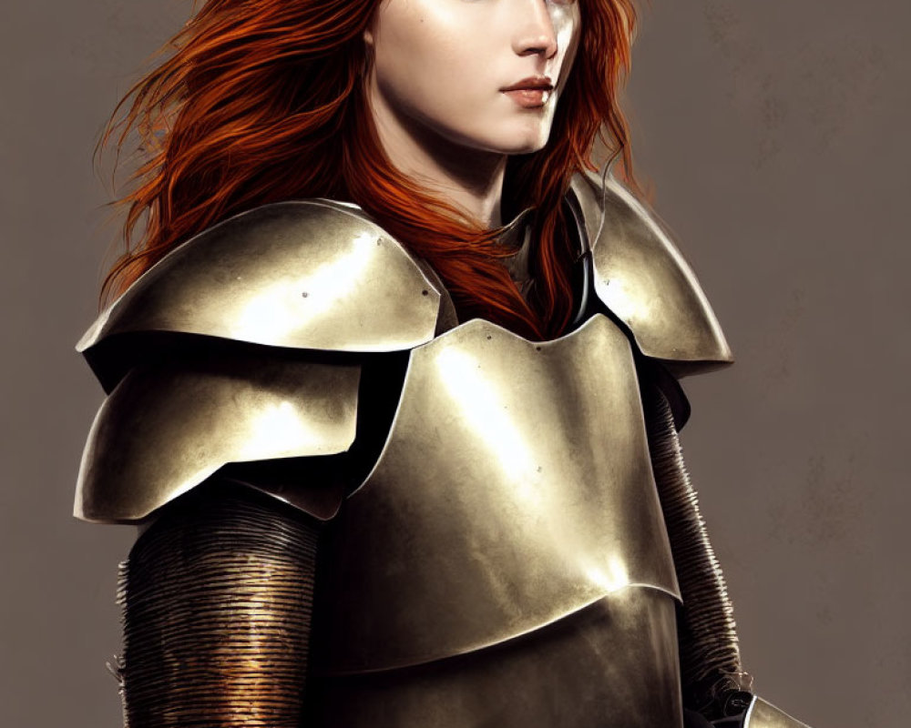 Fiery red-haired woman in silver armor portrait.