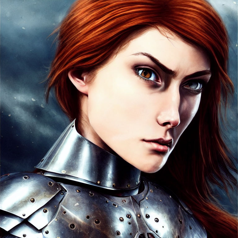 Red-haired woman in medieval armor against blue background