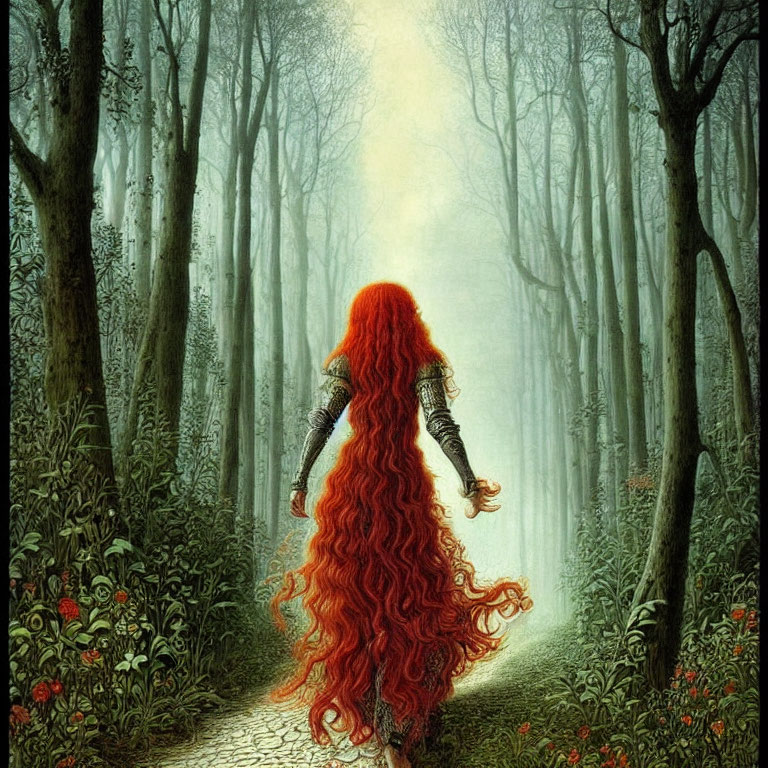 Vivid red-haired woman in mystical forest with glowing light