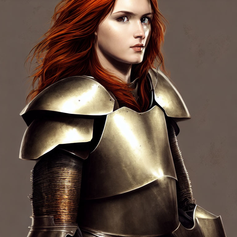 Fiery red-haired woman in silver armor portrait.