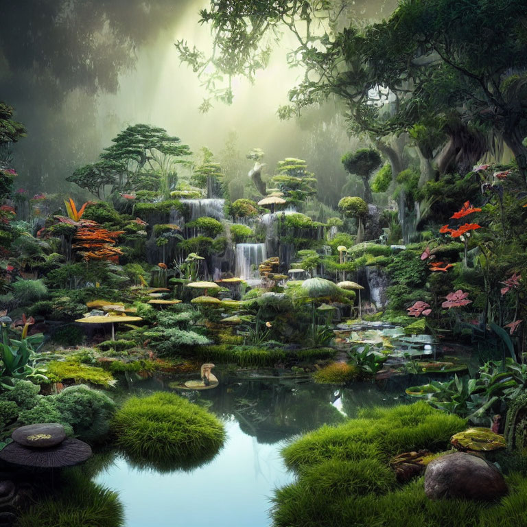 Verdant forest with mushrooms, pond, and waterfalls in sunlight