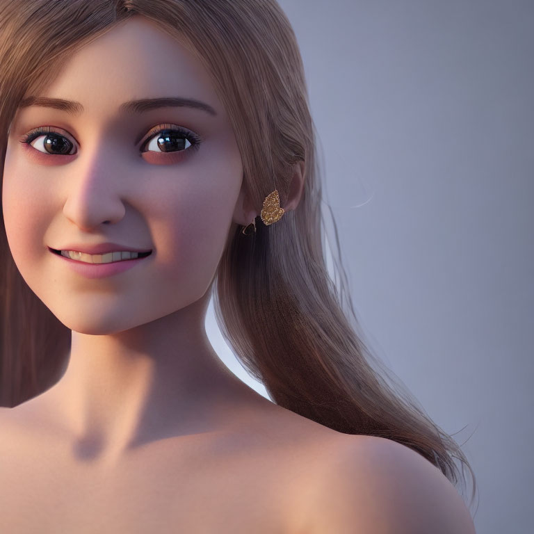 Smiling female character with long brown hair in 3D portrait