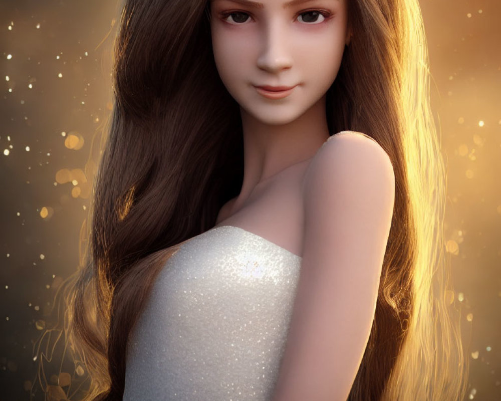 Detailed 3D illustration of woman in sparkling dress with long hair in warm glowing light