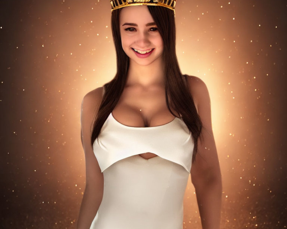 Smiling woman in gold crown and white dress on sparkly brown background