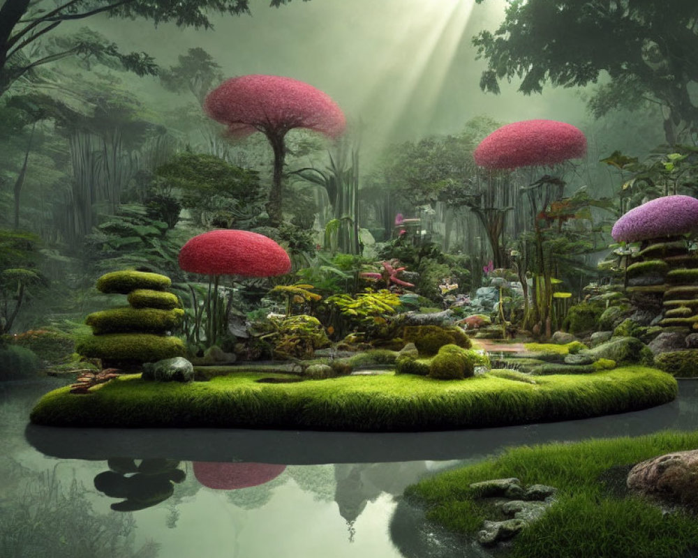 Tranquil Fantasy Forest with Sunlight, Mushrooms, and Reflecting Pond