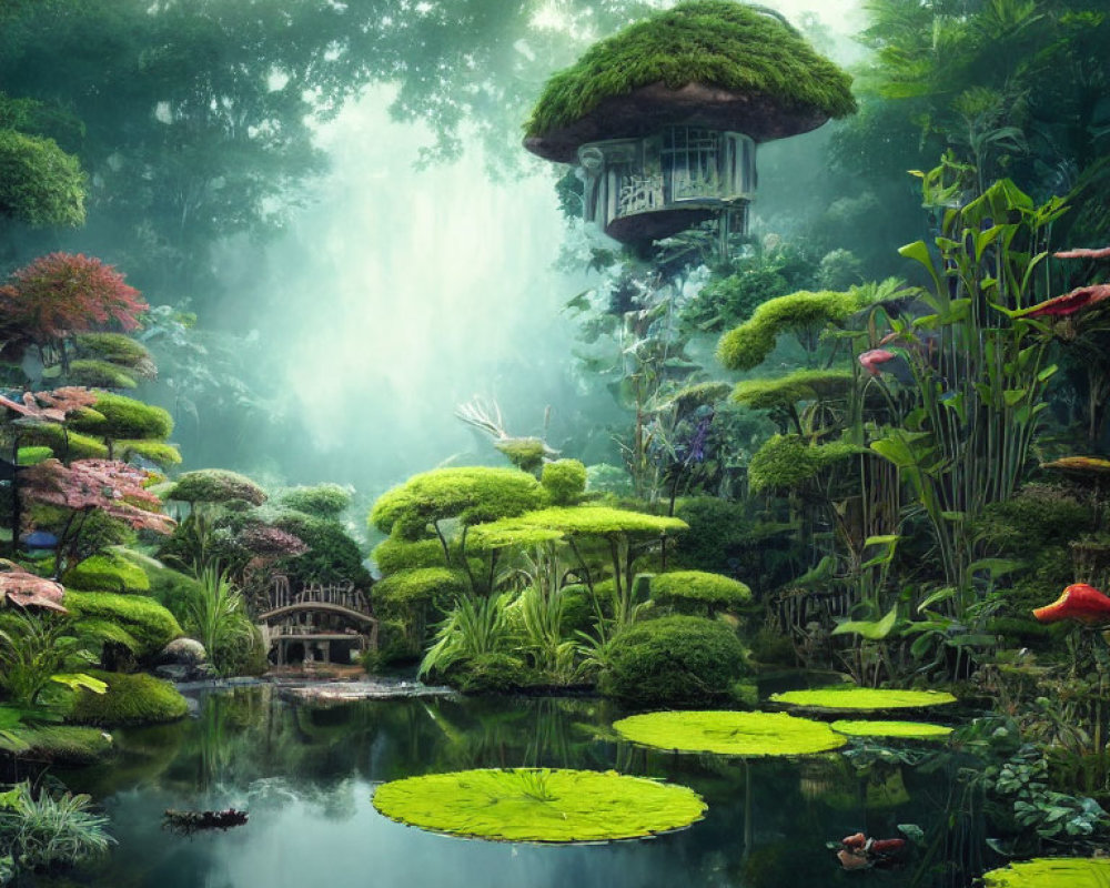 Mystical garden with lily pads, colorful plants, mist, and treehouse