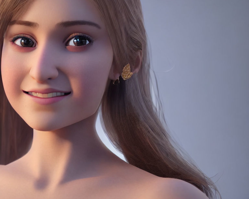 Smiling female character with long brown hair in 3D portrait