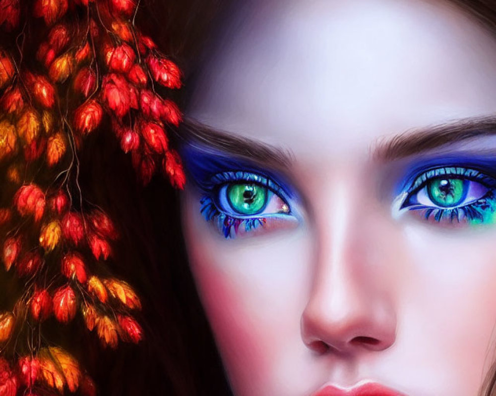 Close-up Digital Painting: Woman with Vibrant Blue Eyes and Red Floral Hair Adornments