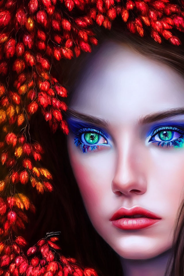 Close-up Digital Painting: Woman with Vibrant Blue Eyes and Red Floral Hair Adornments