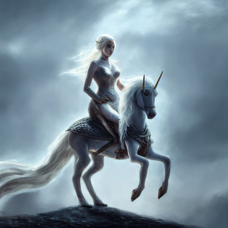 Ethereal woman with white hair on majestic unicorn under stormy sky