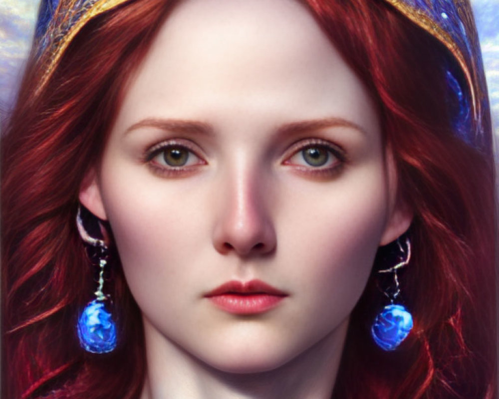 Woman with Red Hair and Sapphire Earrings in Blue Headpiece Portrait