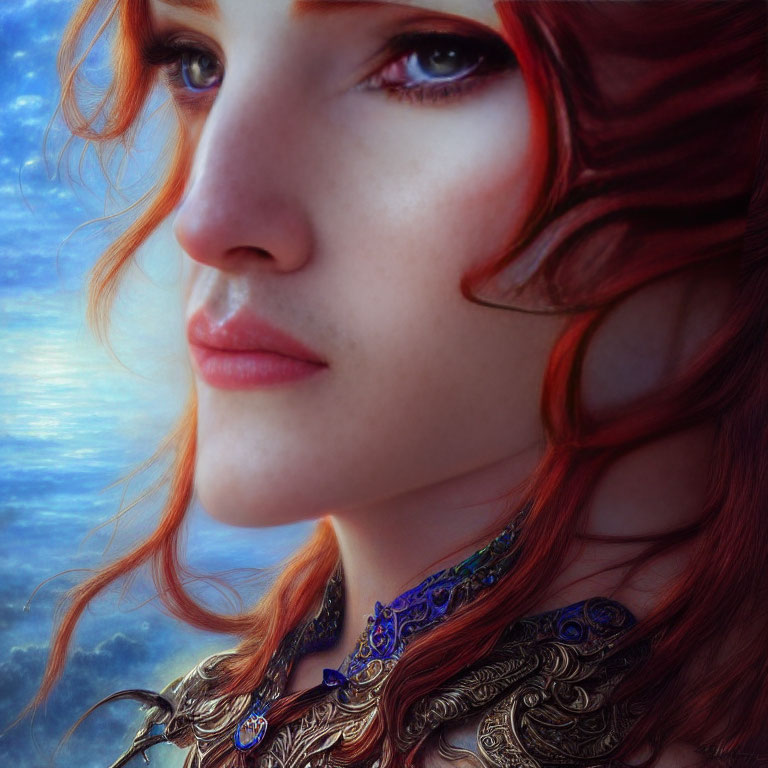 Fantasy female character with red hair, violet eyes, blue-and-gold armor under cloudy sky