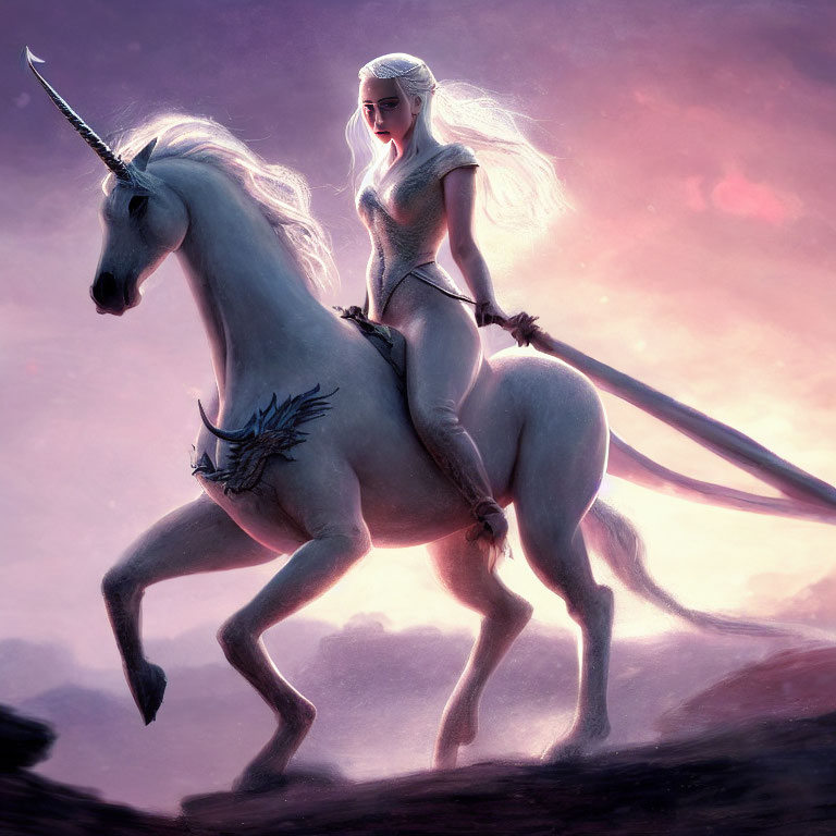 Fantasy illustration of white-haired elf warrior riding unicorn at dusk