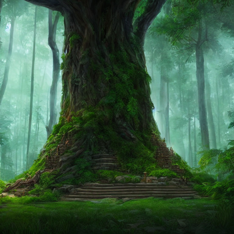 Majestic moss-covered tree in mystical forest with stone steps