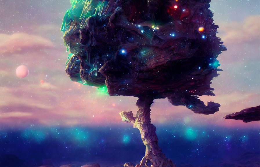 Whimsical tree with galaxy leaves on cosmic backdrop