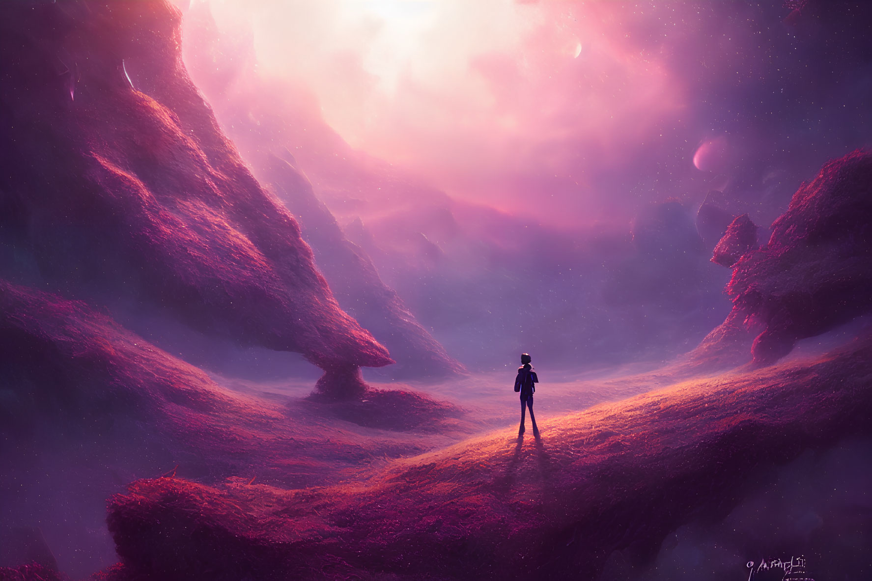 Solitary figure in purple landscape with ethereal pink sky