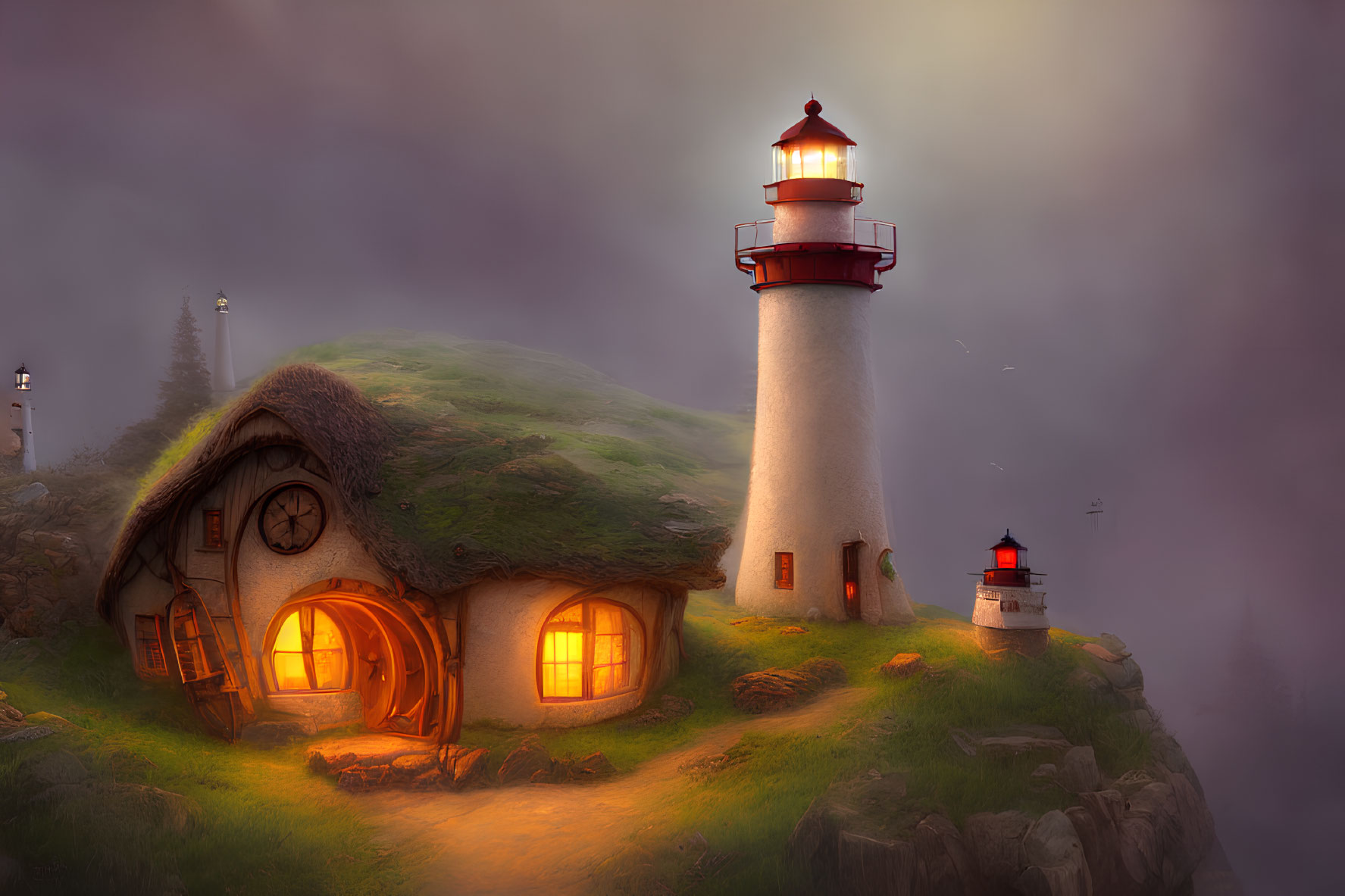 Thatched-Roof Cottage and Towering Lighthouse in Misty Scene