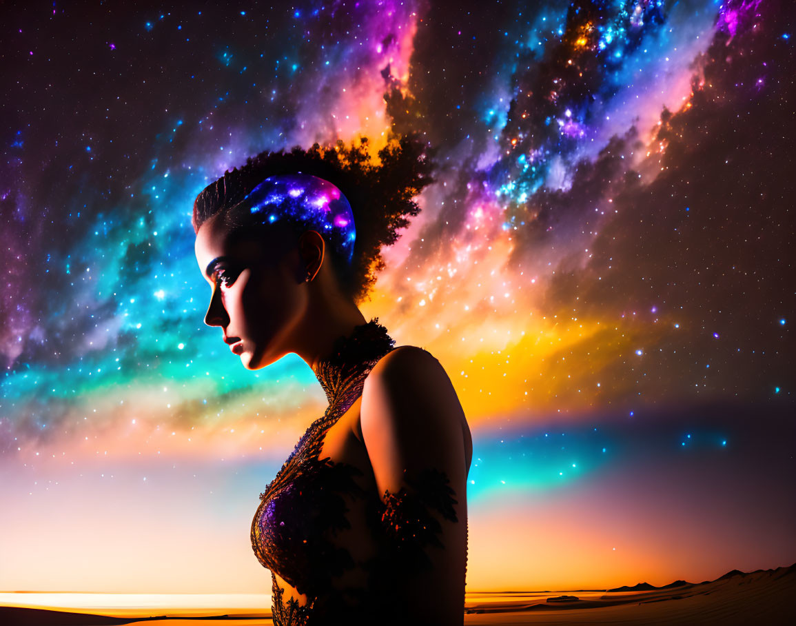 Silhouette of Woman Against Vibrant Cosmic Sky