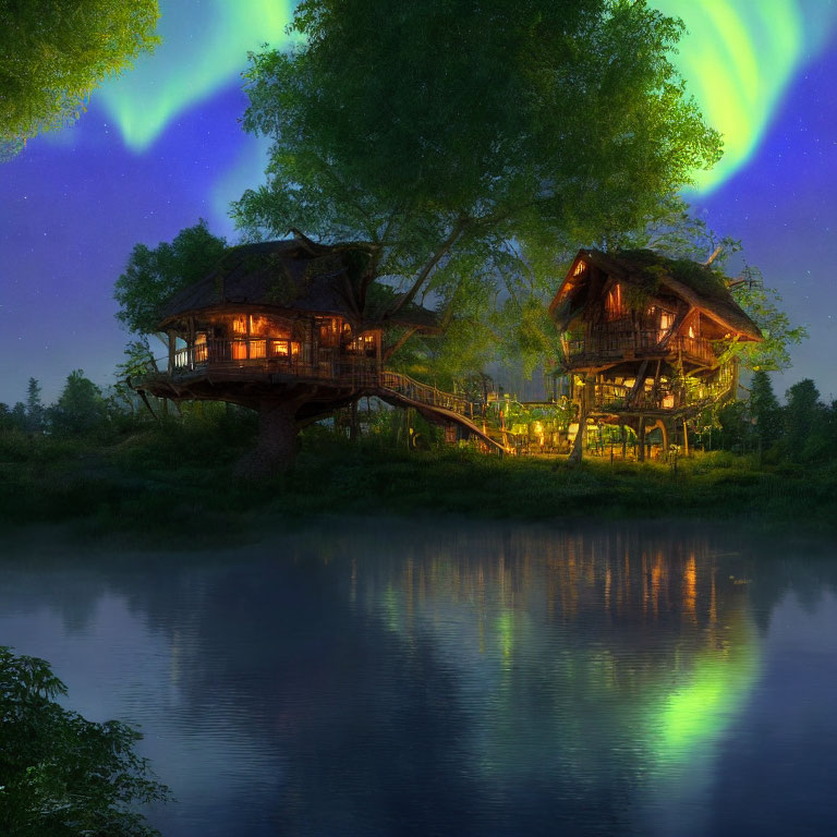 Illuminated Tree Houses Connected by Bridge under Northern Lights