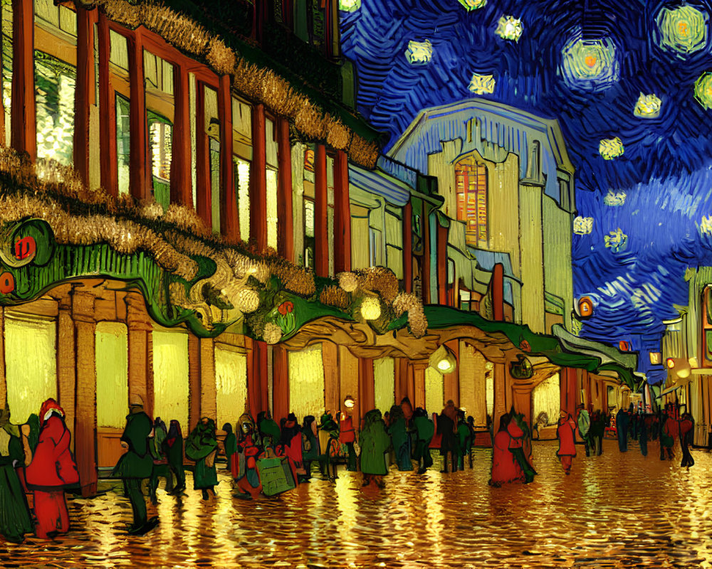 Vibrant Van Gogh-inspired street scene at night with starry sky.