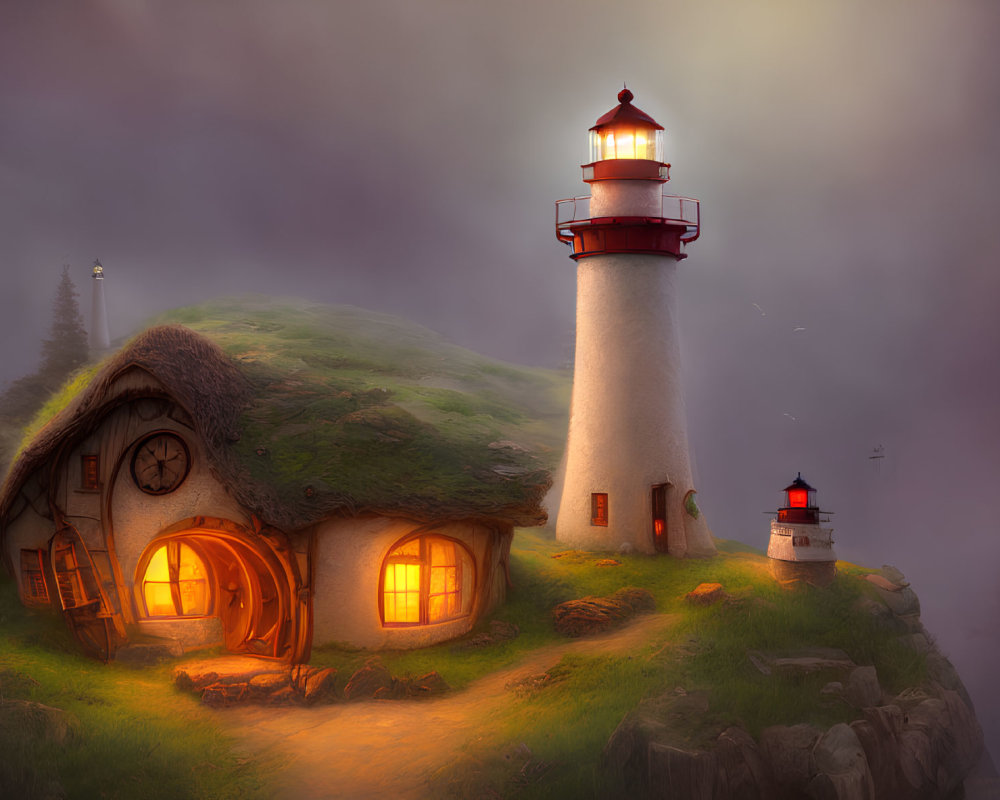 Thatched-Roof Cottage and Towering Lighthouse in Misty Scene